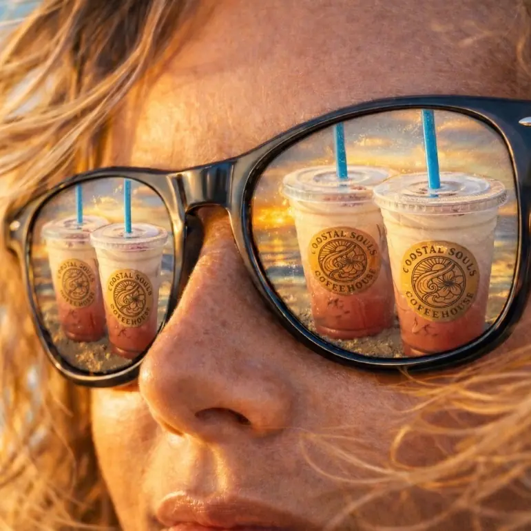 Iced drinks reflected in a pair of sunglasses